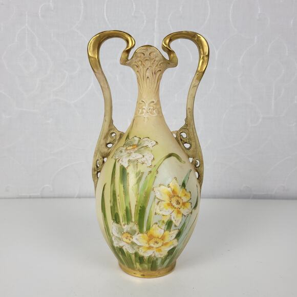 Turn Teplitz Bohemia Vase Ivory Floral Porcelain Amphora Elegant Art Nouveau 9" - Picture 13 of 16